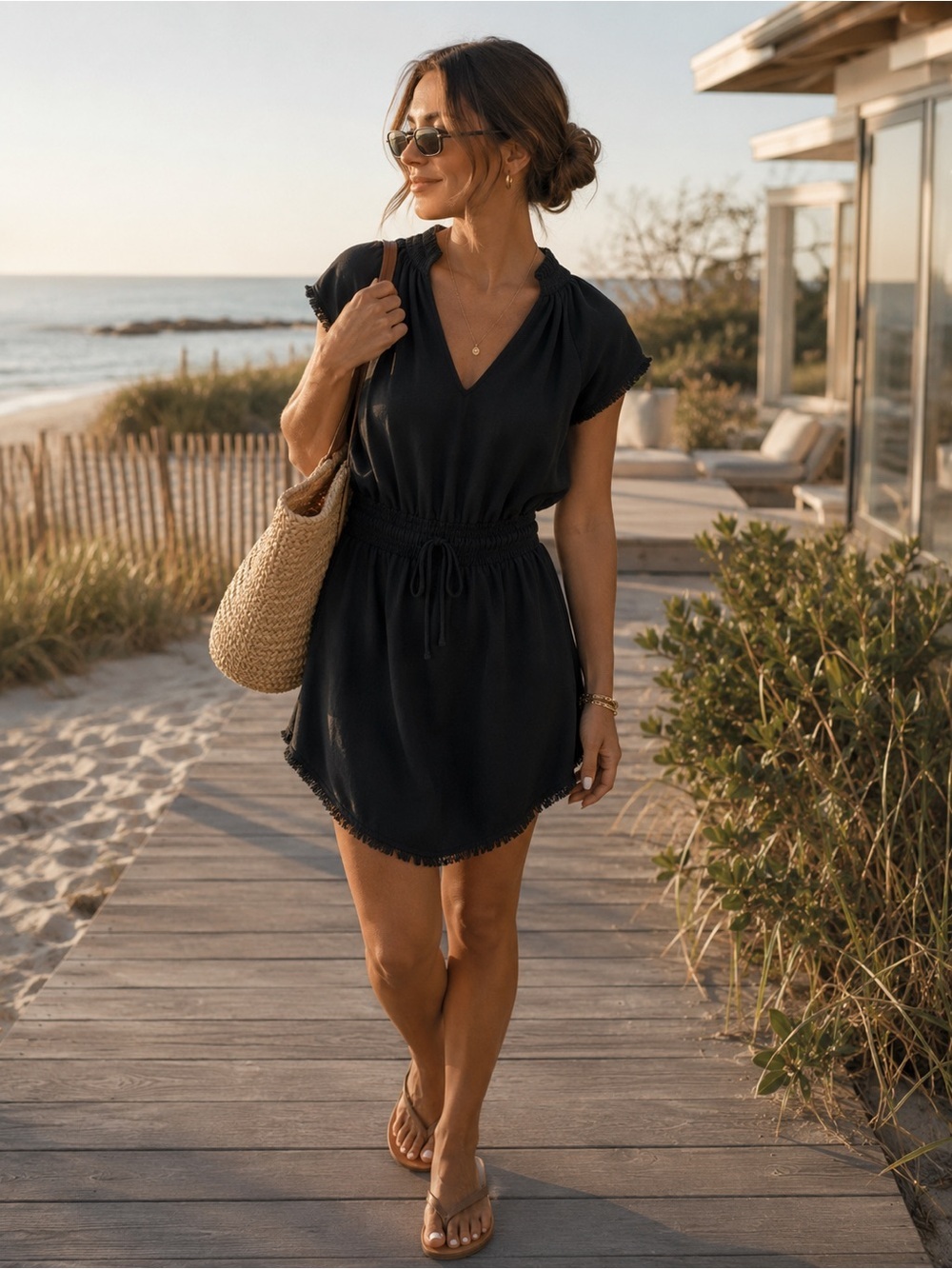 Bella Dahl Black Tencel Lyocell Mini Dress Size M Frayed Trim Casual Summer